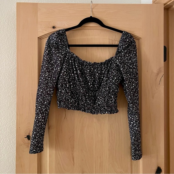 TOPSHOP FLORAL LONG SLEEVE POINTELLE PRAIRIE TOP - Picture 7 of 8